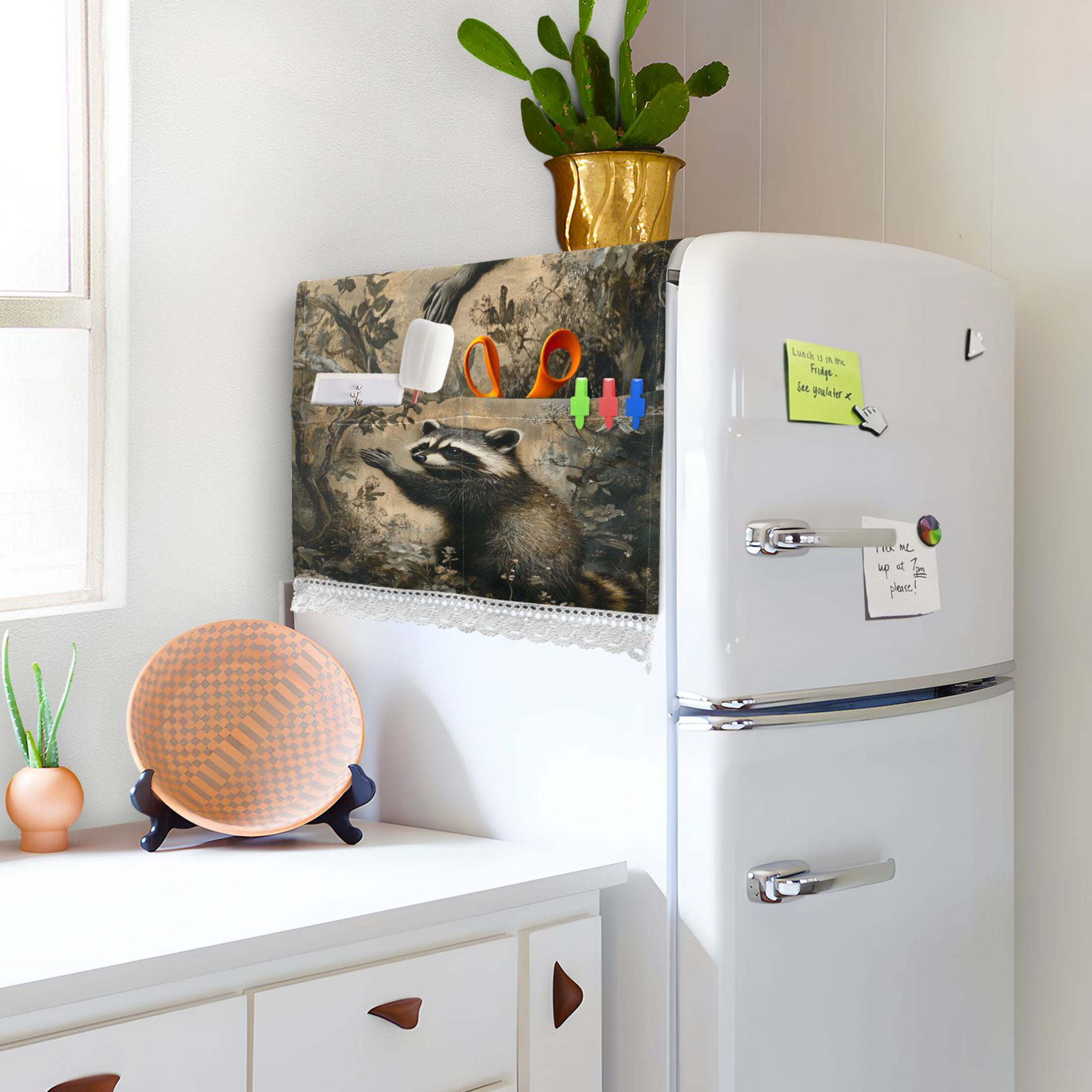 The Cute RaccoonWasher and Dryer Covers Dust-Proof and Oil Resistant Fridge Cover with 4 Storage Pockets Washing Machine Top Cover for Laundry Kitchen Home 51.2 x 22 In