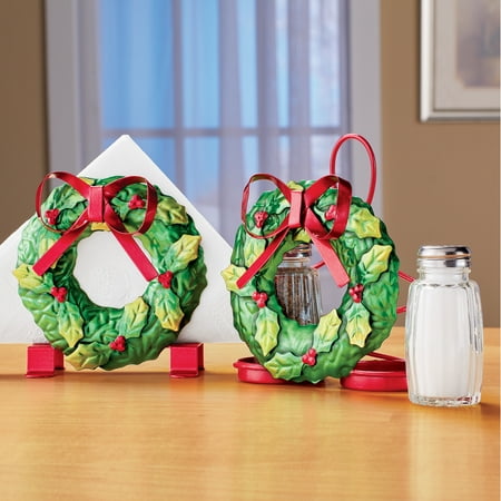 Festive Holiday Wreath with Red Bow Metal Kitchen Accessory Set - Includes Napkin Holder & Salt and Pepper Caddy -Christmas Kitchen (Best Way To Store Red Peppers)