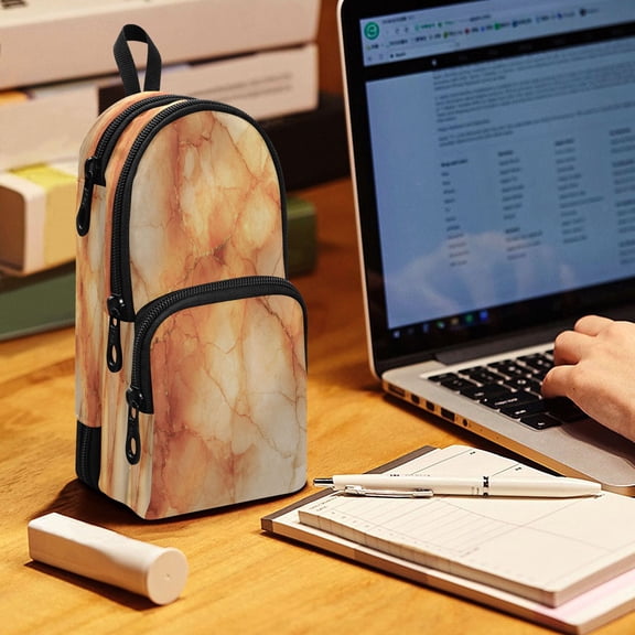 Backpack Pencil Case, 3 Compartment Large Capacity Oxford Fabric Pencil Pouch / Orange Marble Crack