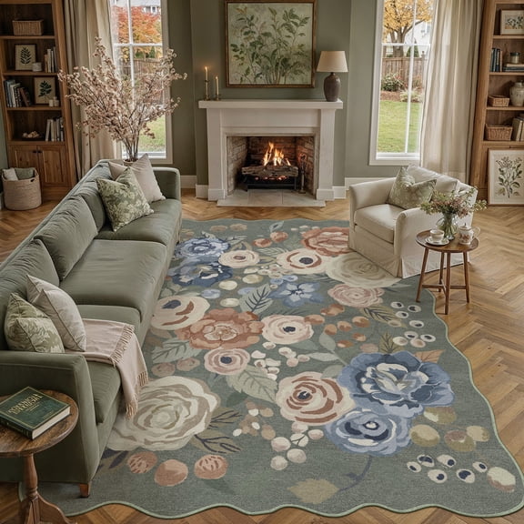 BERTHMEER Large 8'x10' Scalloped Area Rugs for Living Room Sage Green Floral Rugs for Bedroom Farmhouse Office Vintage Watercolor Roses OrangeDusty Blue Carpets Washable Flower Non Slip Rugs