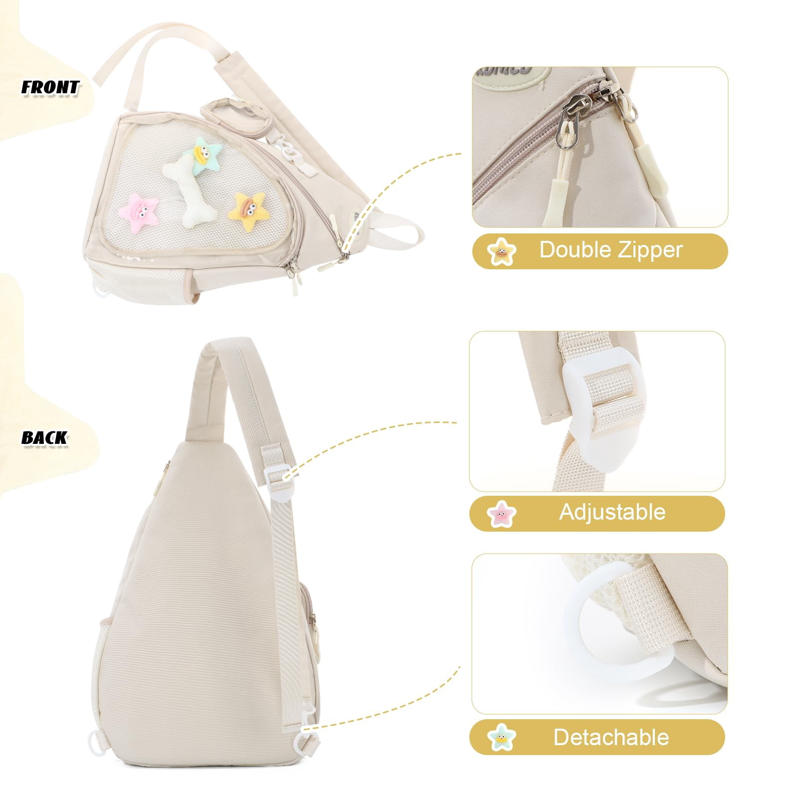 Cute Ita Bag for Men Women Kawaii Pin Display Backpack Fanny Pack Black Crossbody Hiking Day Pack