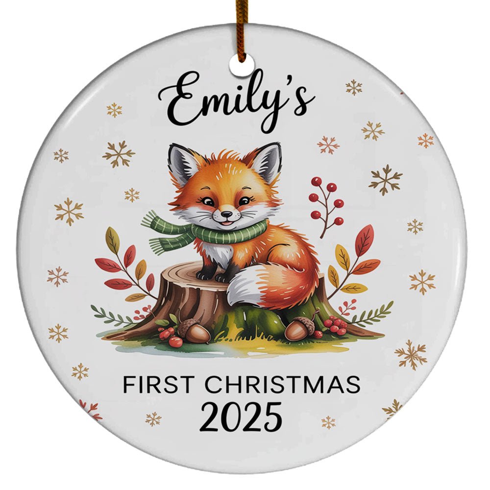 Custom Name Text Fox Baby's First Christmas Ornament - Keepsake Gift for Kids, Boy, Girl - 1st Christmas, Circle Christmas Ornament
