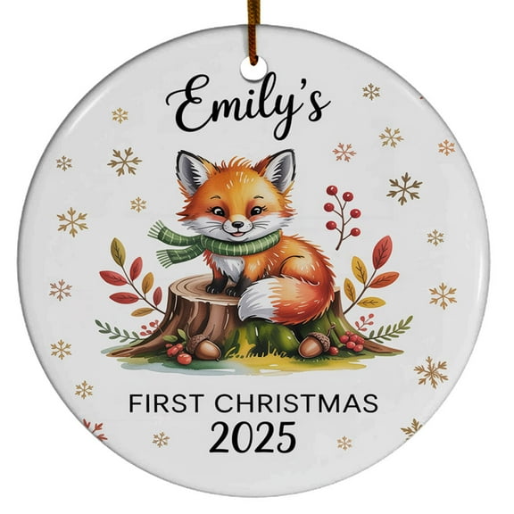 Custom Name Text Fox Baby's First Christmas Ornament - Keepsake Gift for Kids, Boy, Girl - 1st Christmas, Circle Christmas Ornament