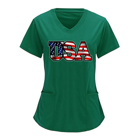 

4th Of July American Flag Tops Scrubs For Women Tops Stretchy Flag Printing Print Short Sleeve V Neck Solid Shirts Blouse With Pocket Nursing Uniforms For Women