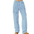 thumbnail image 3 of Jacenvly New Denim Pants for Women Long Pants Fashion Solid Elastic Waisted Cargo Pants for Women Mid Waist Stretch Fabric Elastic Waisted Pocket Tie Front Light Blue XXL, 3 of 7