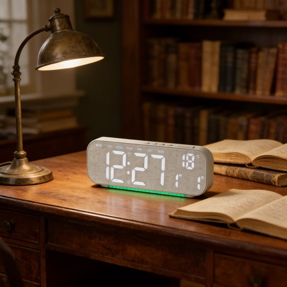 Digital Alarm Clock LED Display Electronic Date Temperature DST Function Dual Power Adjustable Brightness Bedroom Office Modern
