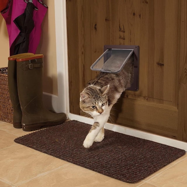 Puerta para Gatos Marrón con Magnética de 4 Direcciones para Madera, Vidrio, PVC, para Gatos y Perros Pequeños, Puerta para Gatos con Túnel L 23.5*5 *27CM