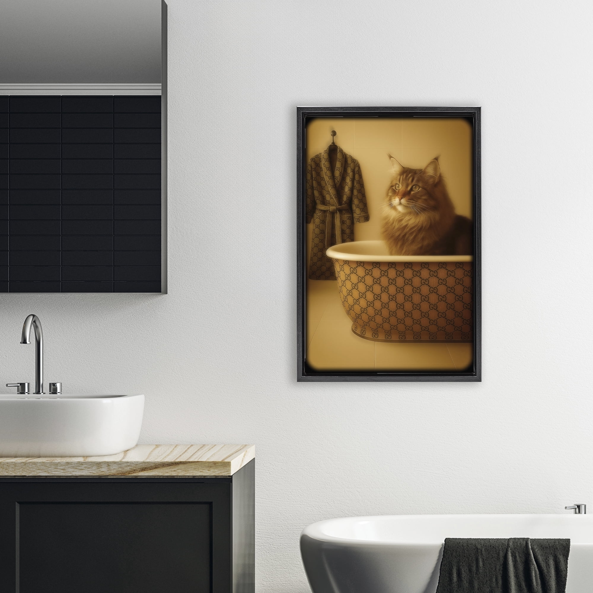 Stupell Industries Couture Main Coon in Luxury Tub Black Framed Floater Canvas Wall Art, design by Grotto Studios