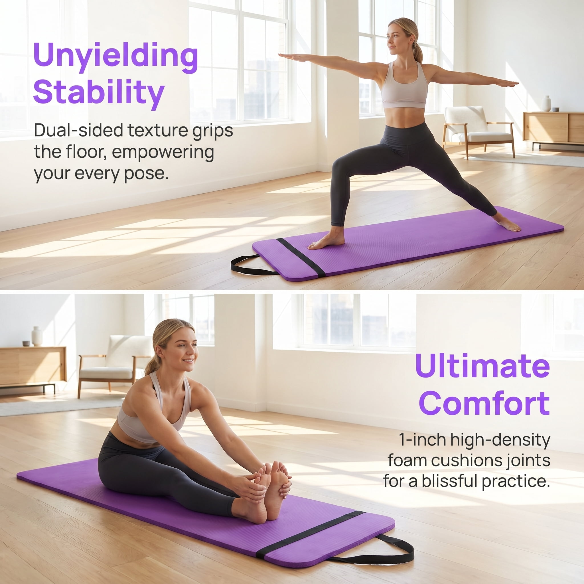 ZHANGJIA 71x24 Inches Extra Thick Yoga Mat 1-Inch High-Density Foam – Roll-Up Exercise Pad with Double-Sided Non-Slip Surface and Carrying Strap for Pilates and Home Workouts Purple
