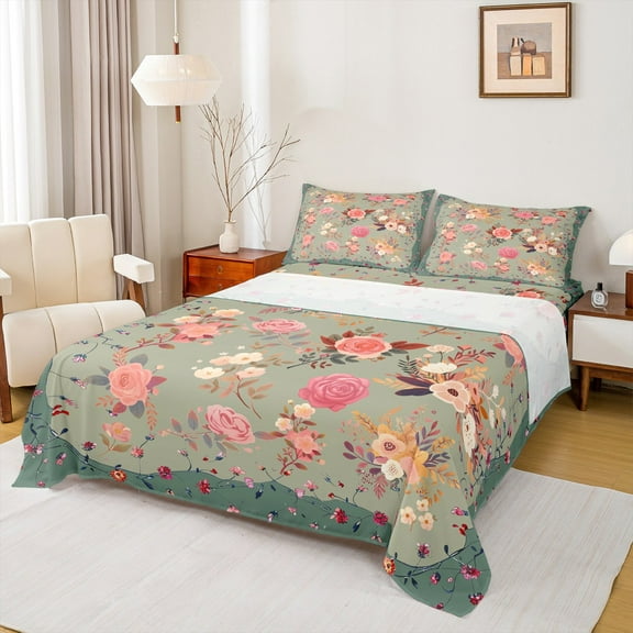 Feelyou Fashion Rose Floral Twin Sheet Sets, Vintage Bohemian Flower Twin Fitted Sheet, Teens Kids Girls Women Flat Sheet, Microfiber Bedroom Decor, 3 Pieces