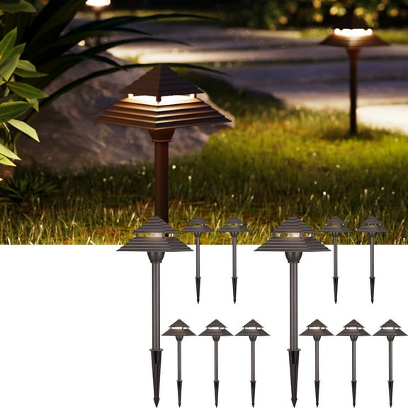 12 Pack 3CCT LED Pathway Lights, Low Voltage Landscape Lights, 3000K/4000K/5000K, 2-Tier Pagoda Head