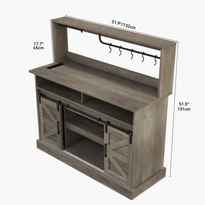 Uforic 52" Farmhouse Wine Cabinet, Sliding Barn Door Sideboard with Power Outlets & Goblet Holder (Gray)