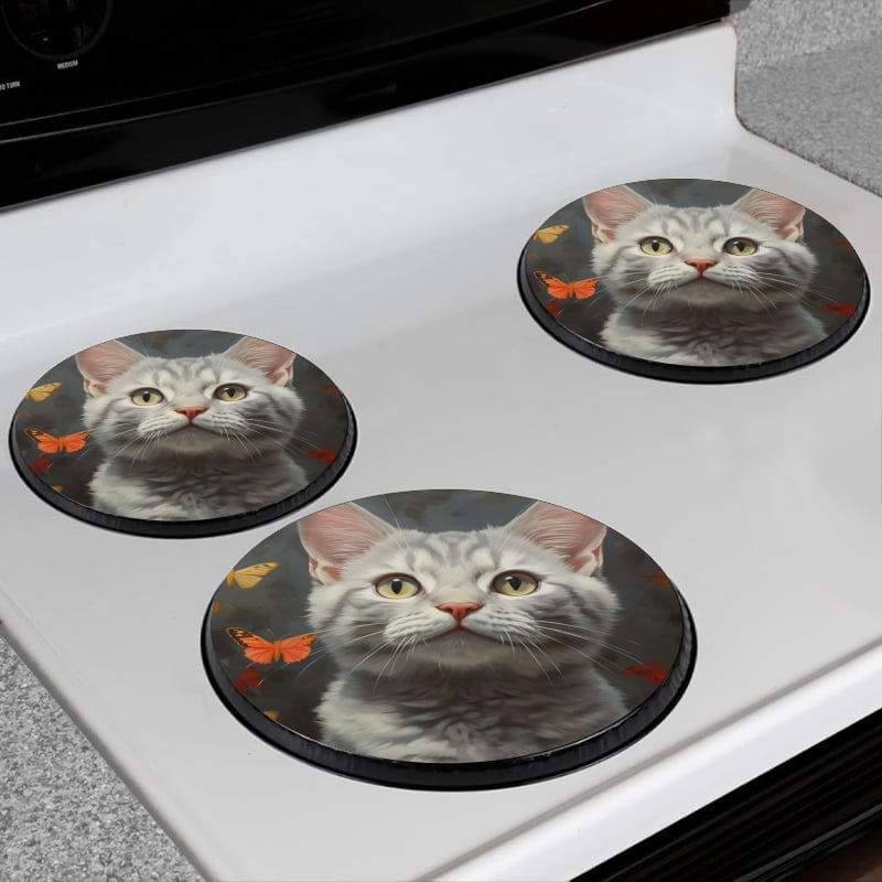 BaHomeck Electric Stove Burner Covers Set of 4,Round Metal Gas Stove Burner Covers 8 Inch and 10 Inch,Kitchen Decor,Silver Tabby Cat Surrounded By Butterflies With Cute Expression