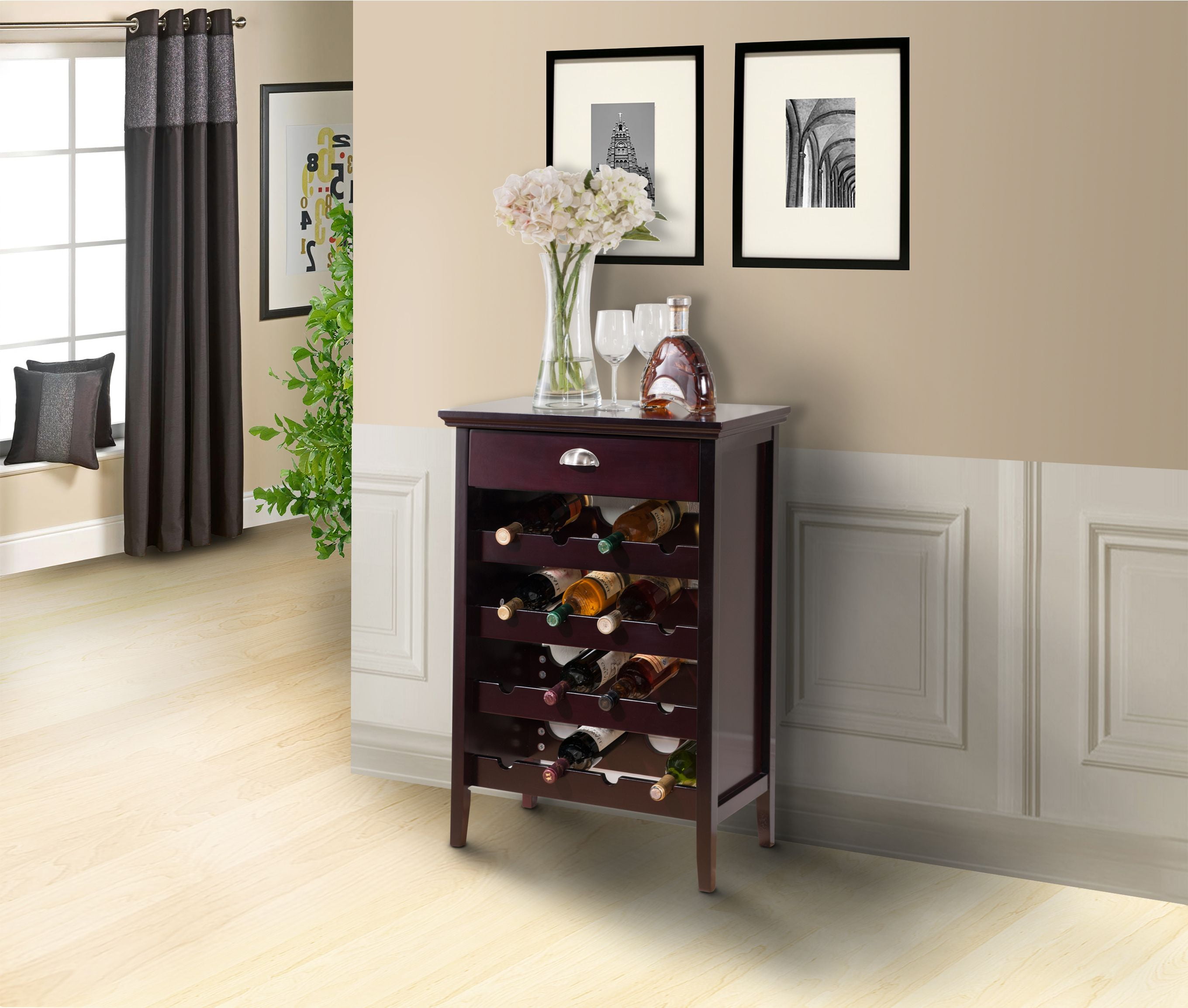 Dark Cherry Wood Wine Rack Buffet Display With Storage Drawer