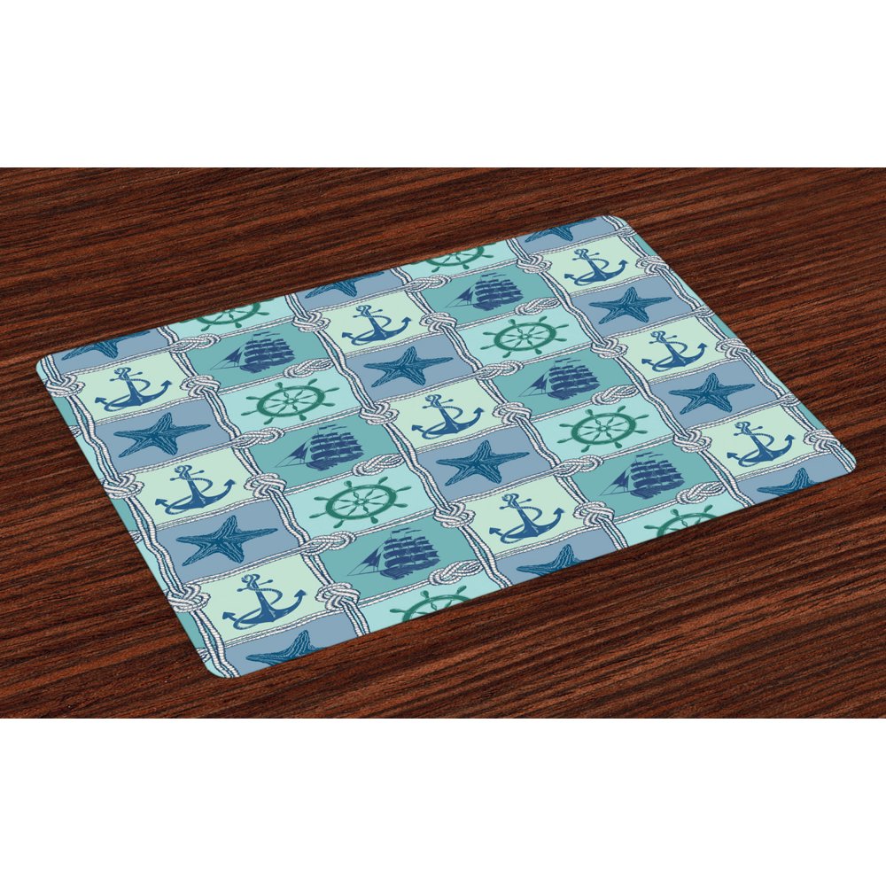 Ships Wheel Placemats Set of 4 Nautical Patchwork Pattern with Rope