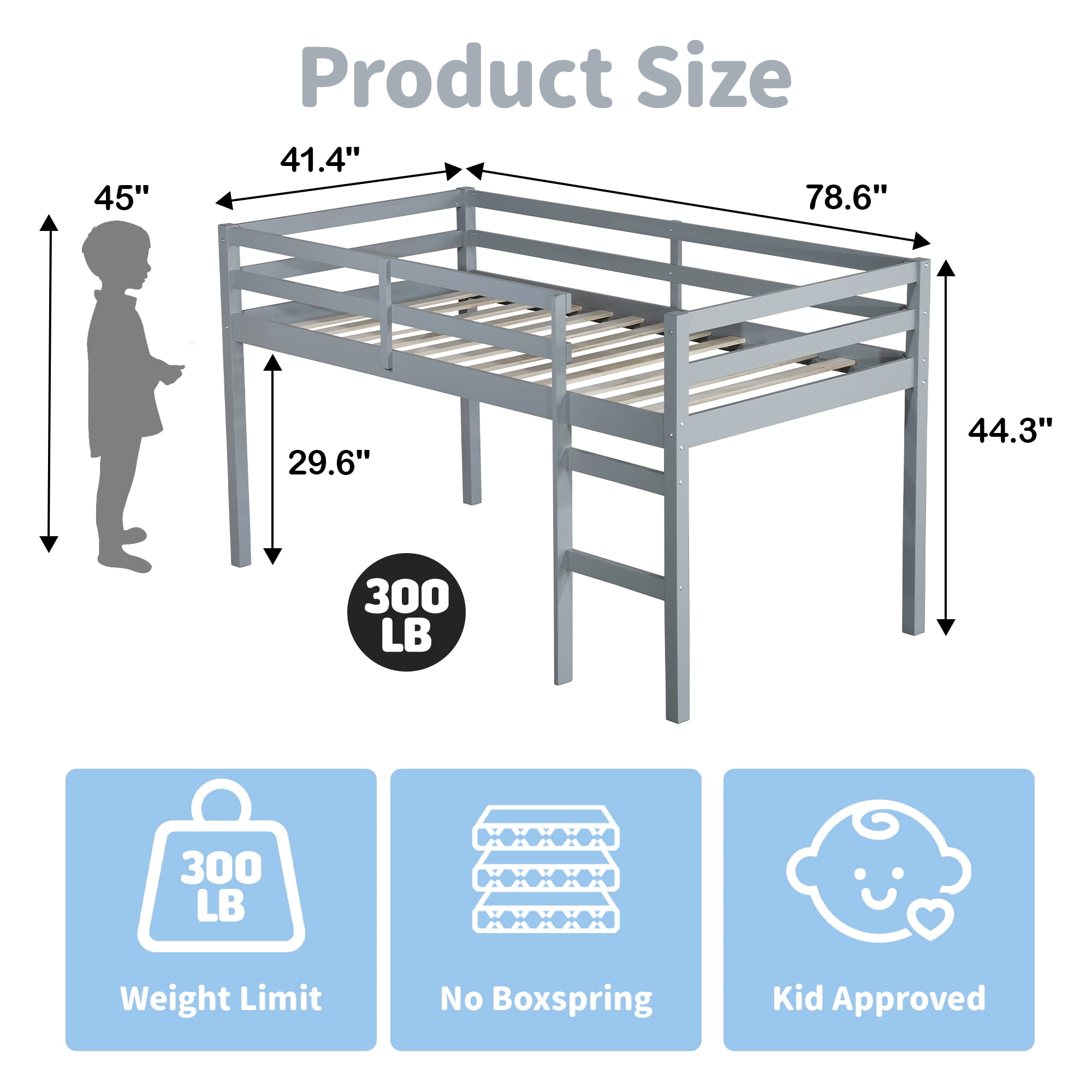 Alvantor Twin Loft Bed for Kids Wooden Bed Frame with Stairs, No Box Spring Needed, Grey