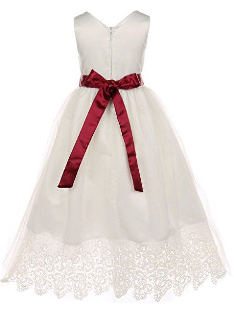 white dress with burgundy sash Ivory Classic Poly Silk Girls Dress with Organza Sash 14 / Ivory / Burgundy main image 0