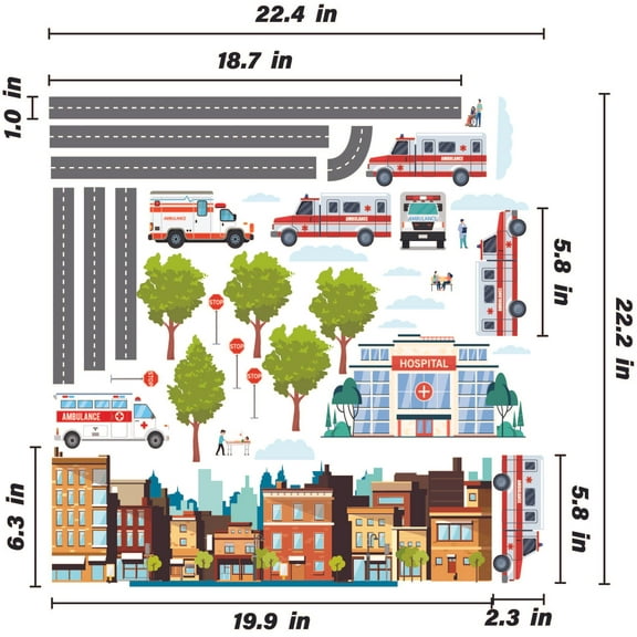 THE CITY - Removable Stick & Peel Kids Bedroom City Hospital Design Vinyl Wall Decal Sheet - Multicolored Home Bedroom Decor DIY Adjustable Hospital Stickers Adhesive Home Wall 22.4" x 22.2"