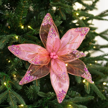 Glitter and Sequin Poinsettia Clip-on Christmas Ornament - 11.5" - Pink and Gold