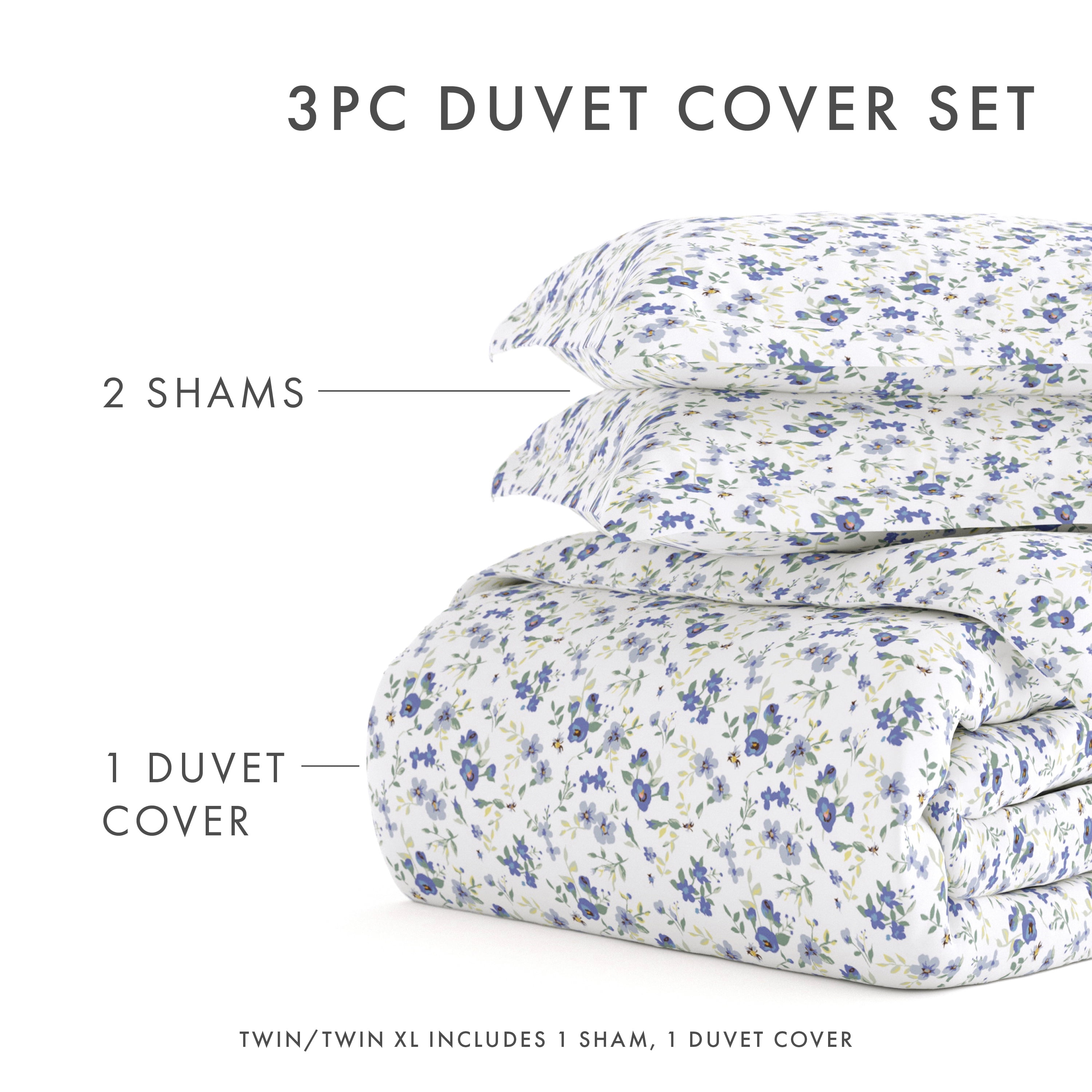 Noble Linens Light Blue Blossoms Print 2-Piece Duvet Cover Set, Twin/TwinXL