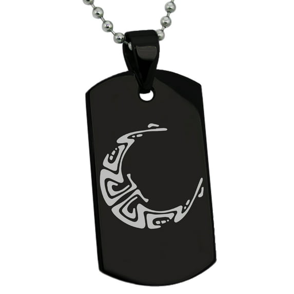 Stainless Steel Mayan Crescent Moon Rune Engraved Dog Tag Pendant Necklace
