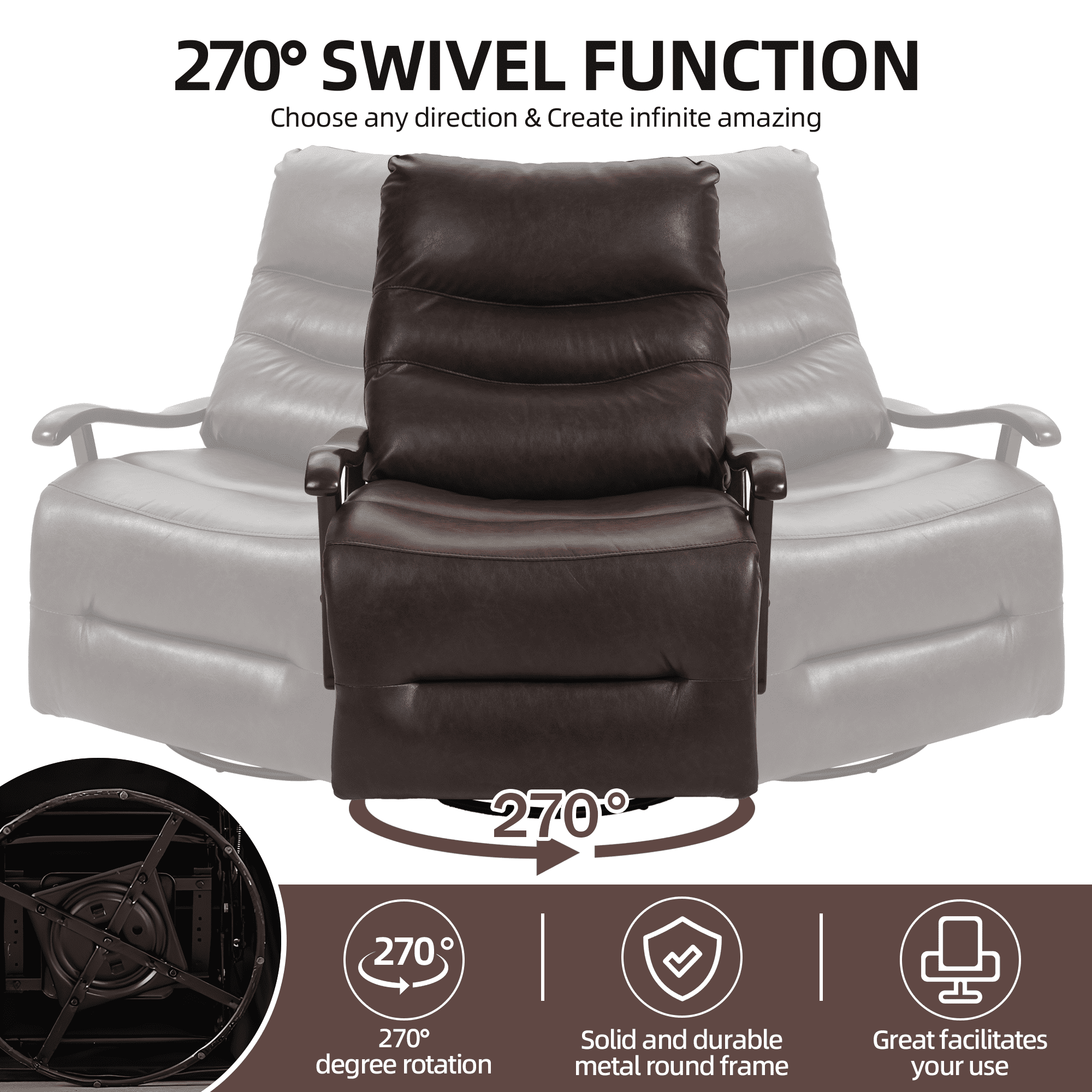 PORKISS Recliners Single Chairs with USB Port, Oversized Ergonomic Lounge Chair with Armrests, Brown