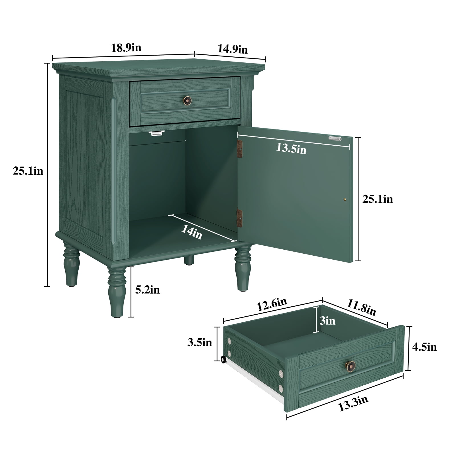 HLR 25"H Nightstands Set of 2, Modern Retro Bedside Table with Drawer, End Table for Bedroom, Green