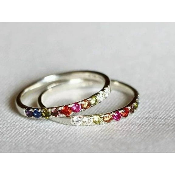 Multi Sapphire stacking ring, Dainty Rainbow thin Band for women, Stackable Sapphire band Multi colour sapphires, Unique gift for her.