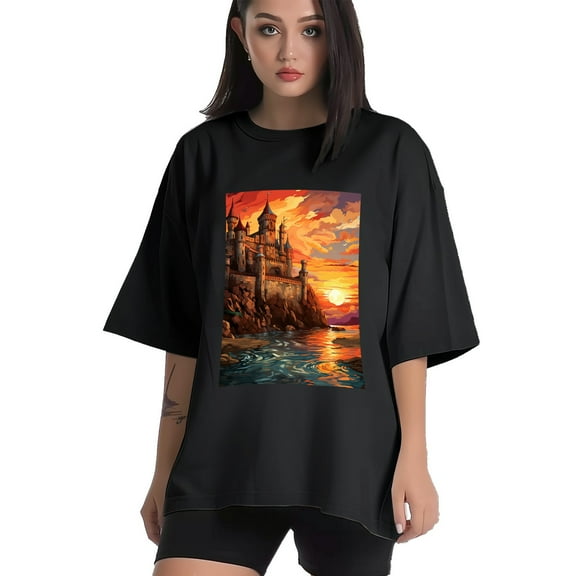 Plus Size Shirt for Women Black Tops for Women Short Sleeves Shirt for Women Castle (77） T Shirt Crewneck Shirt for Women XS