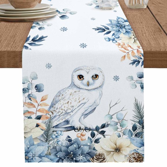 nqOlkjepod Christmas Blue Table Runner 90 Inches Long Farmhouse Dress Scarves, Owl Xmas Eucalyptus Poinsettia Snowflakes Dining Tablerunner for Coffee Table/Kitchen Island/Party Décor, 13" x 90"