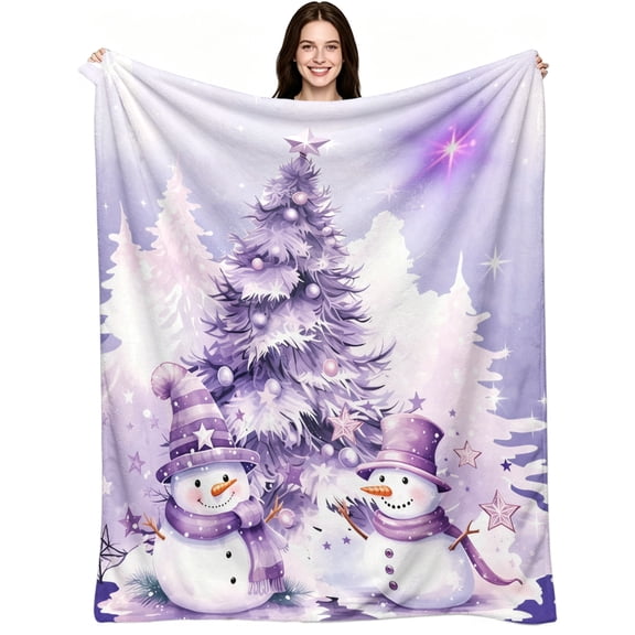Purple Christmas Snowman Starry Xmas Tree, Soft Warm Flannel Fleece, Aesthetic Festive Holiday, Throw Blanket, Cozy Warm, Home Decor, Holiday Winter, Gift