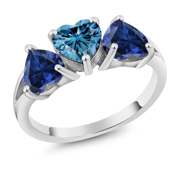 Gem Stone King 925 Sterling Silver 3-Stone Ring Heart Shape Persian Blue Moissanite and Created Sapphire Blue (2.40 Cttw, Size 6)