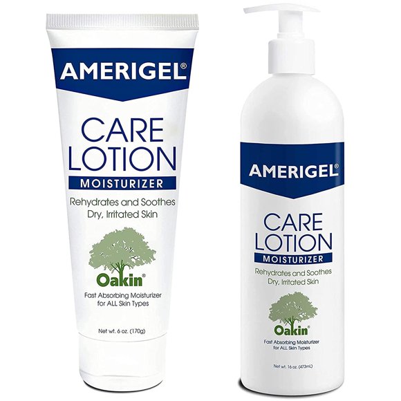 AMERIGEL Care Lotion Bundle - Hidratante hipoalergénico (6 oz.) Rehidrata y calma la piel seca - Loción de cuidado para el cuidado de la piel diabética (16 oz.) Alivia la piel irritada