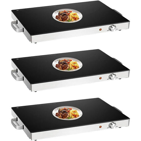LDAILY Electric Warming Tray, 25” x 15” Food Warmer for Buffets Party, Temperature Adjustment Knob, Stainless Steel Frame and Tempered Glass Surface, Warming Pads for Food for Whole Family, Black (3)