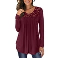 thumbnail image 2 of Tuphregyow Womens Tops Long Sleeve Plus Size Tunic Top For Ladies Comfy Casual Solid Color Lace Hollow Out Blouse T-Shirt Loose Tummy Hiding Round Neck Wine M, 2 of 7