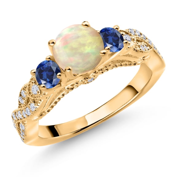 Gem Stone King 18K Yellow Gold Plated Silver White Ethiopian Opal Blue Created Sapphire and White Moissanite Engagement Ring for Women (1.11 Cttw, Gemstone, Round Cabochon 6MM and 3MM, Size 6)