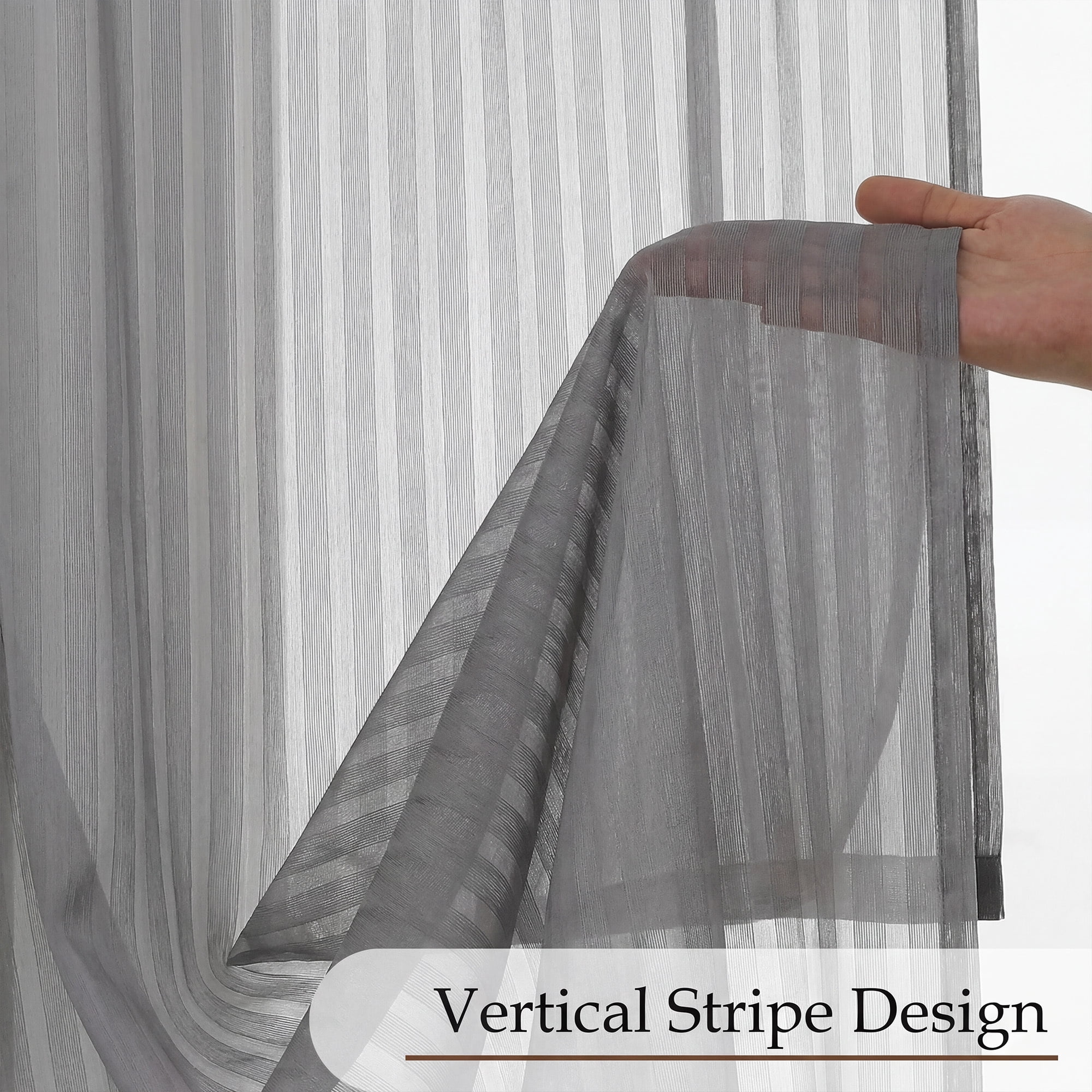 OVZME Luna 108" Charcoal Striped Sheer Curtains 2 Panels - Extra Long Floor Length Drapes for High Ceilings Living Room Patio Doors, Light Filtering Modern Textured, 52"W x 108"L Each