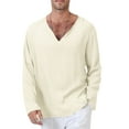 thumbnail image 1 of Sunloudy Men Long Sleeve T-Shirts Solid Color V-Neck Ethnic Style Tops Spring Fall Fashion Casual Loose Shirts, 1 of 6