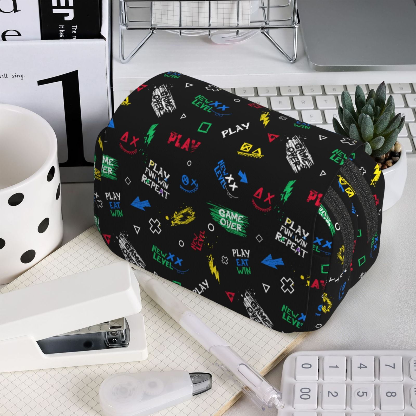 Rateoe Gamepads Pattern Double Clamshell Pen Case, Storage Organizer with Two Zipper Compartments– Holds Up to 50 Pencils & Pens