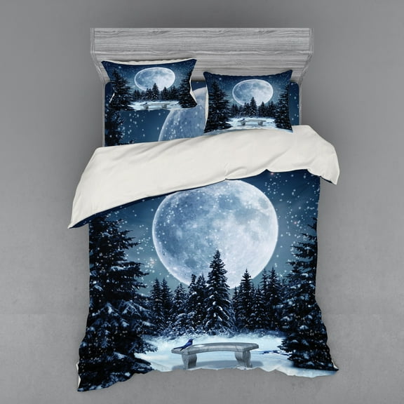 Ambesonne White Bedding Set 4 Pcs, Moonlight Forest Bird, Queen, Blue White