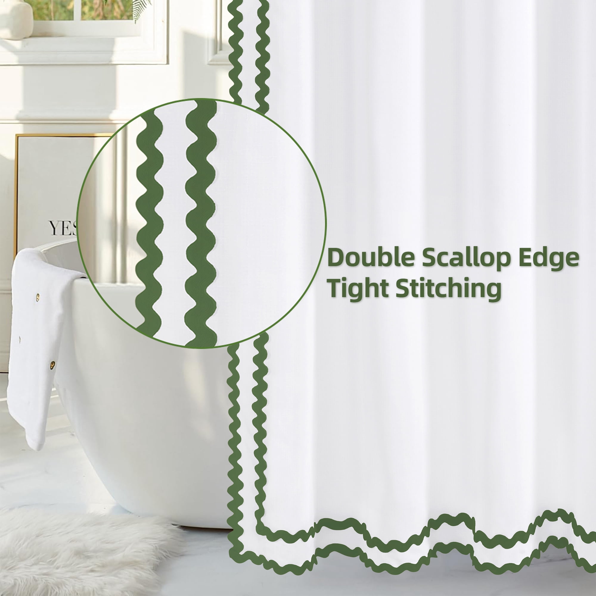 FRAMICS Sage Green Scalloped Shower Curtain Sets with Rug, 14 Piece Fabric Bathroom Sets with Hooks, Heavy-Duty Slub Textured & Waterproof, 72" x 72"