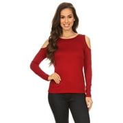 Women's Long Sleeve Cold Shoulder Knit Top (Burgundy , Small)