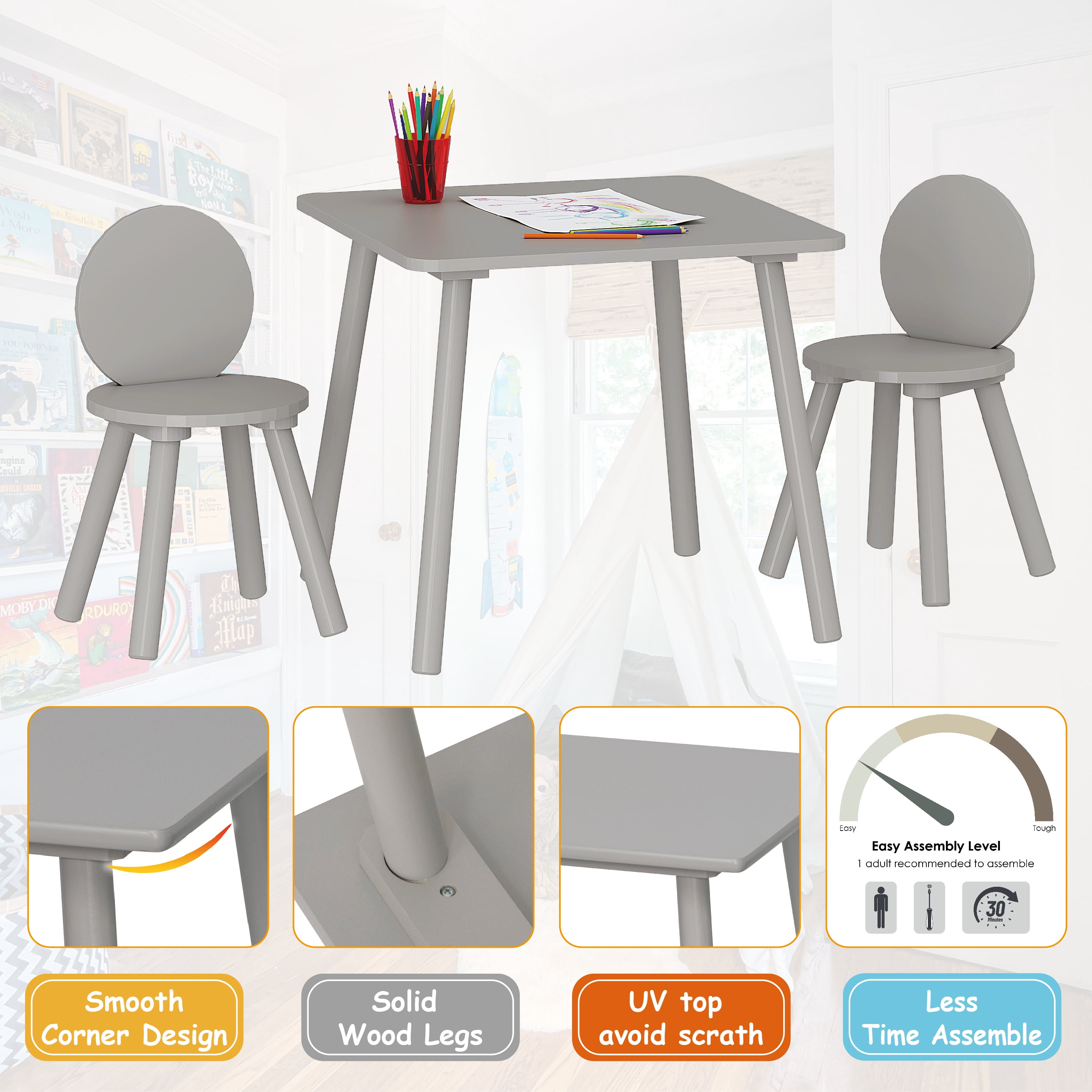 STAROUS 2-in-1 Kids Table with 2 Chairs Set, Gray