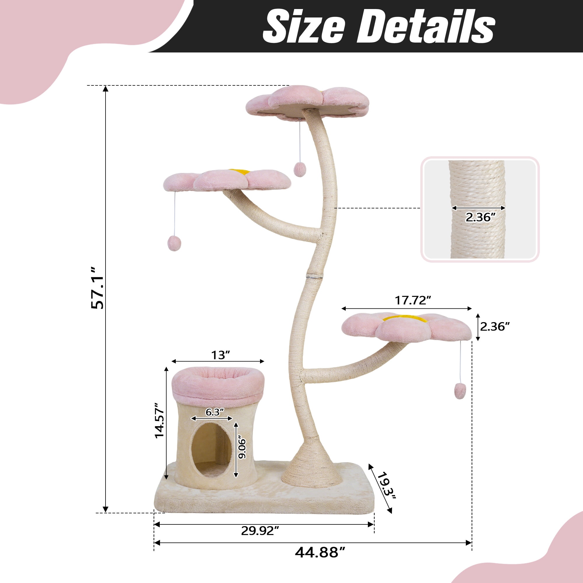 ZephyPaws 58in Flower Cat Tree Tower for Indoor Large Adult Cats,Tall Cat Tower with Sisal Scratching Posts, Flower-Shaped Platforms,Padded Cat Condo,Pink