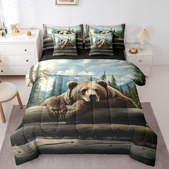 Feelyou Teens Bear Print Bedding Comforter Set 7 Pieces, Rustic Farmhouse Full Bedding Set, Jungle Animal Wildlife Reversible Fitted Sheet Flat Sheet, Breathable Home Decor