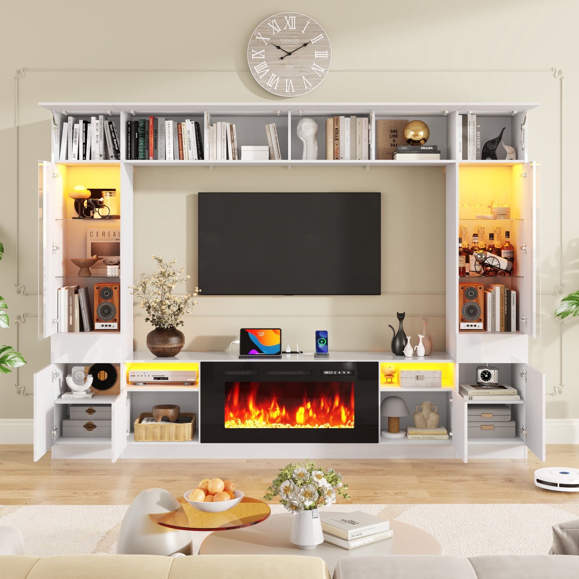 ANPOO 107" Large Wall Unit Entertainment Center with 40" Electric Fireplace, Bookshelves, LED Lights, Modern High Glossy TV Stand Media Console Table with Bridge Cabinet for Living Room & Home Theate
