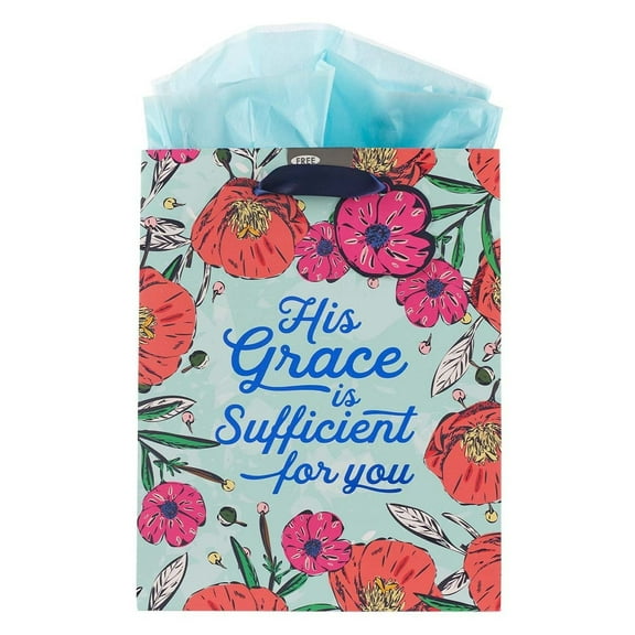 Pink/Blue Gift Bag/Tissue Paper Set: His Grace is Sufficient 2 Cor. 12:9, Medium