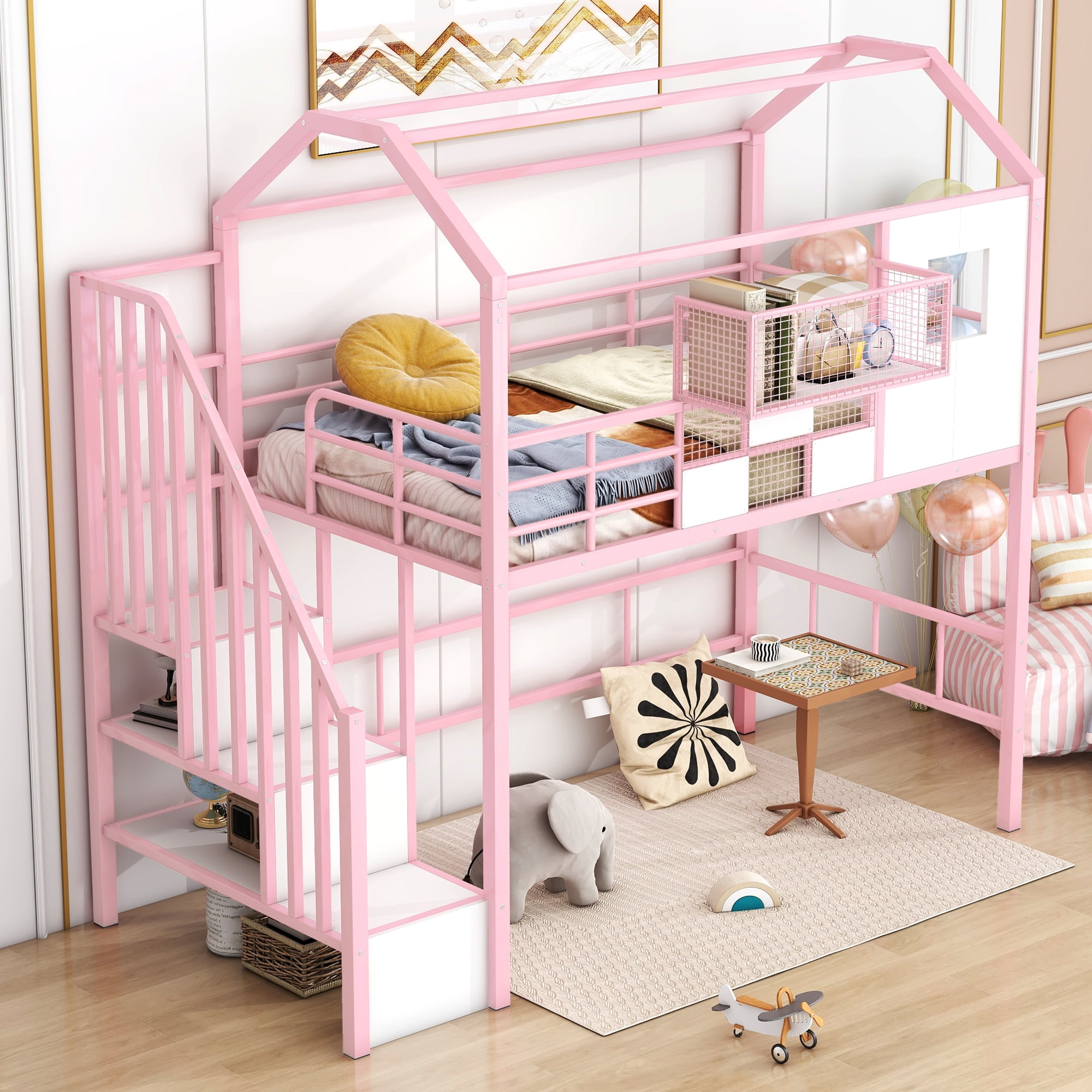 Euroco Twin Loft Bed with Cabinet, Solid Metal House Bed for Kids Teens, Pink
