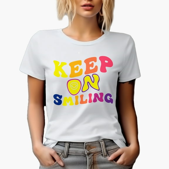 Keep on Smiling, Motivational Quote, Groovy Retro Wavy Text Merch Gift, White T-Shirt, Small