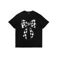 thumbnail image 1 of Chic Women's Cotton Round Neck Tee – Black Short Sleeve Top with White Checkered Bow Print for Every Occasion, 1 of 6